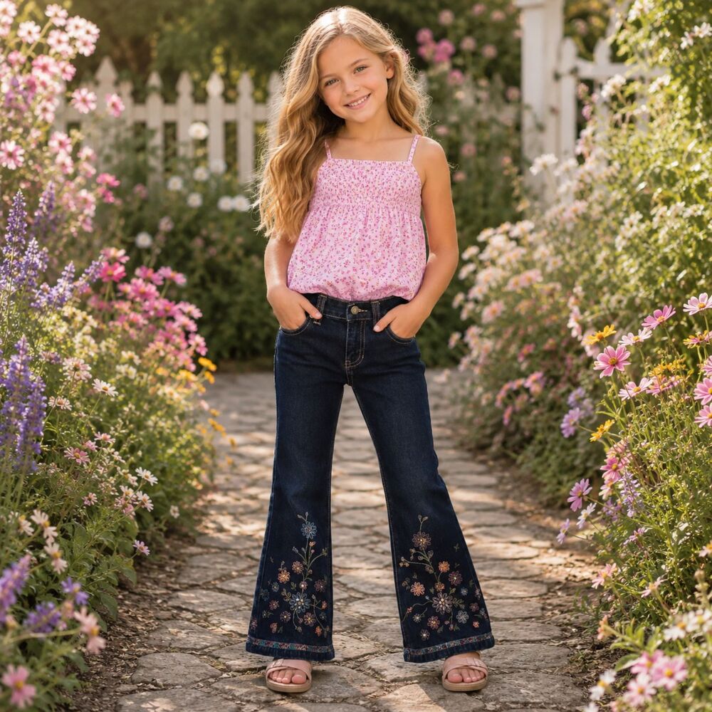 Vintage Y2K Embroidered Flare Jeans Girls 5 Floral Cottagecore Boho Dreamy